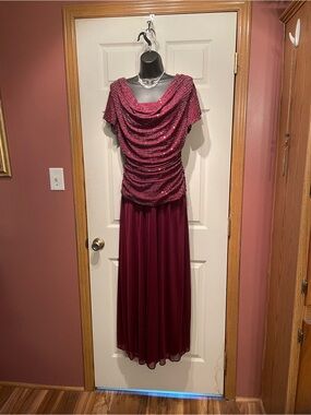 R&M Richards Burgundy Sequined Draped Maxi Skirt Dress